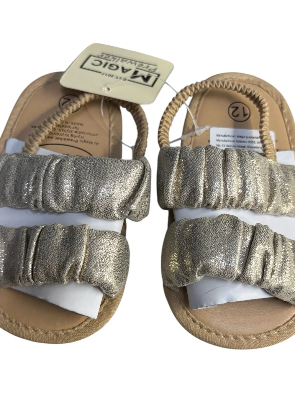 2 Pairs Magic Prewalker Baby Girl Shoes Sandals Metallic & Tan Size 12